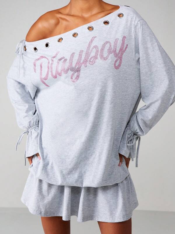 Missguided X Playboy Off Shoulder Mini Dress With Rhinestone Print