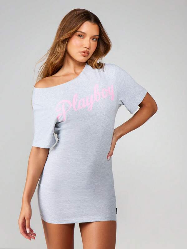 Missguided x Playboy Off Shoulder Mini Dress With Script Print