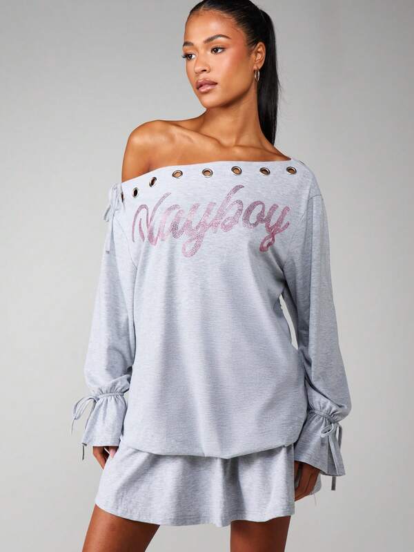 Missguided x Playboy Off Shoulder Mini Dress With Rhinestone Print