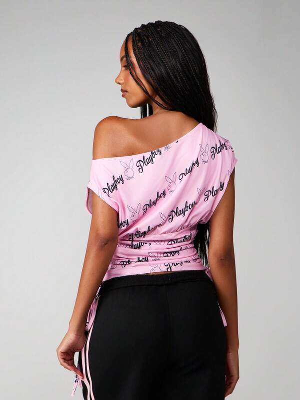 Missguided X Playboy Off Shoulder Ruched Top With Bunny Print