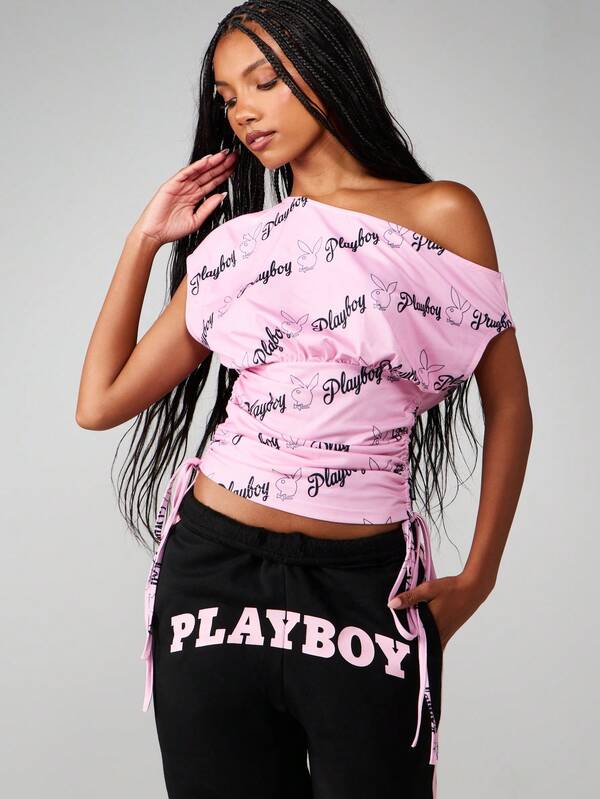 Missguided X Playboy Off Shoulder Ruched Top With Bunny Print