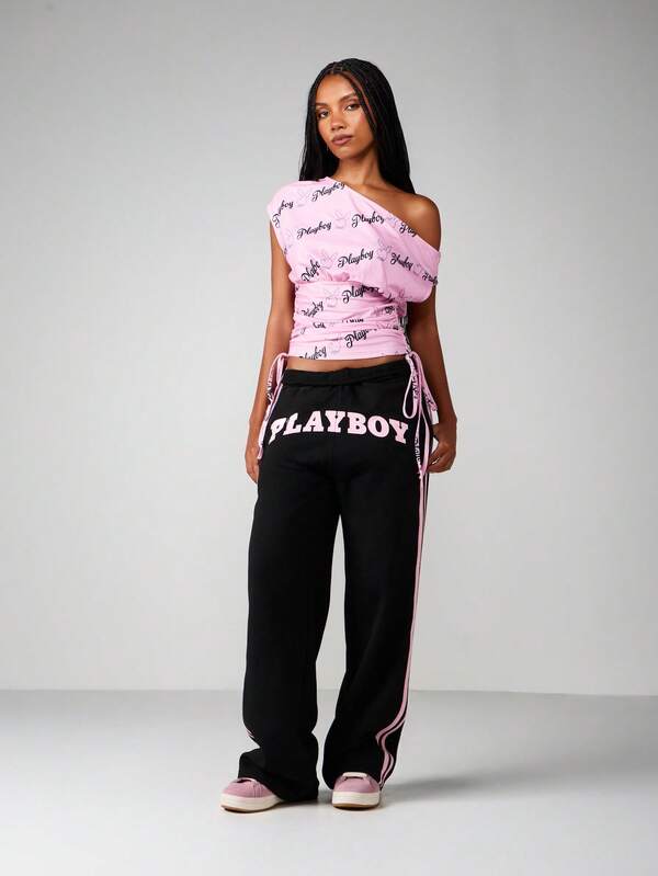 Missguided X Playboy Off Shoulder Ruched Top With Bunny Print