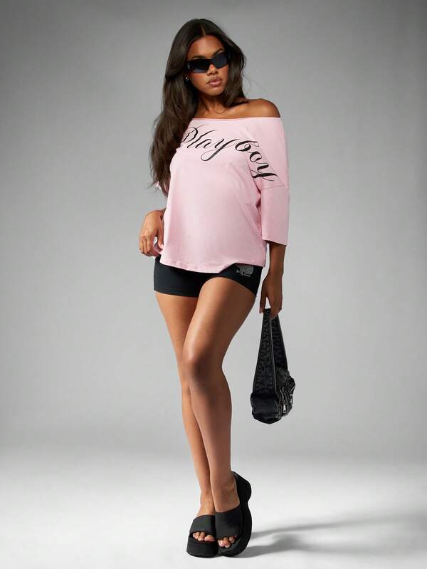 Missguided X Playboy Off Shoulder Script Graphic Relaxed Fit T-Shirt