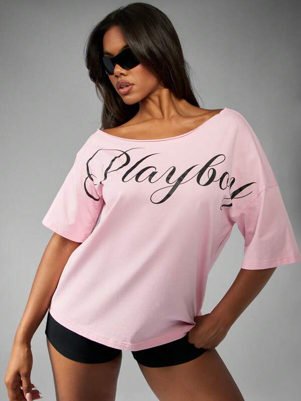 Missguided X Playboy Off Shoulder Script Graphic Relaxed Fit T-Shirt