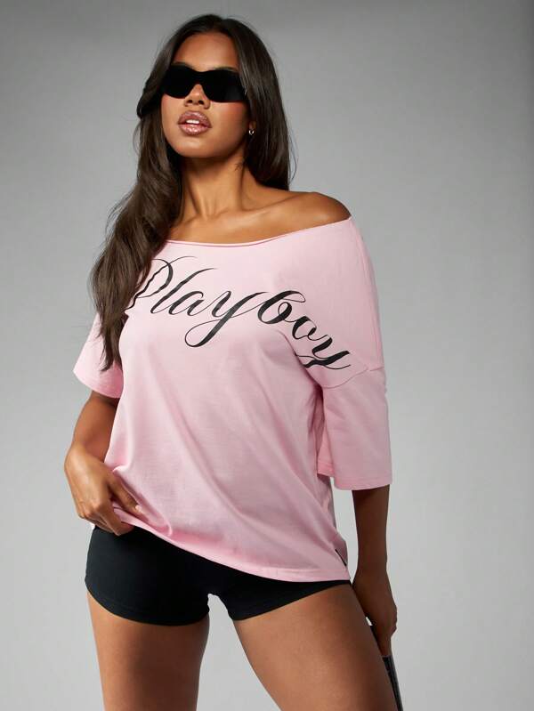 Missguided x Playboy Off Shoulder Script Graphic Relaxed Fit T-Shirt