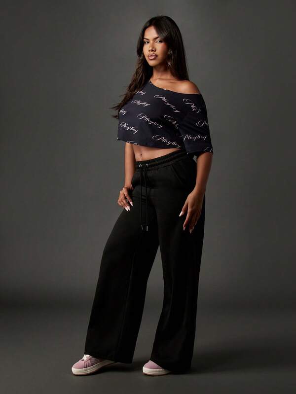 Missguided X Playboy Off Shoulder Script Print Crop Top With Short Sleeves