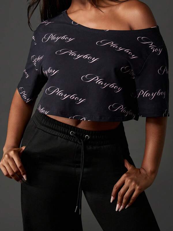 Missguided X Playboy Off Shoulder Script Print Crop Top With Short Sleeves