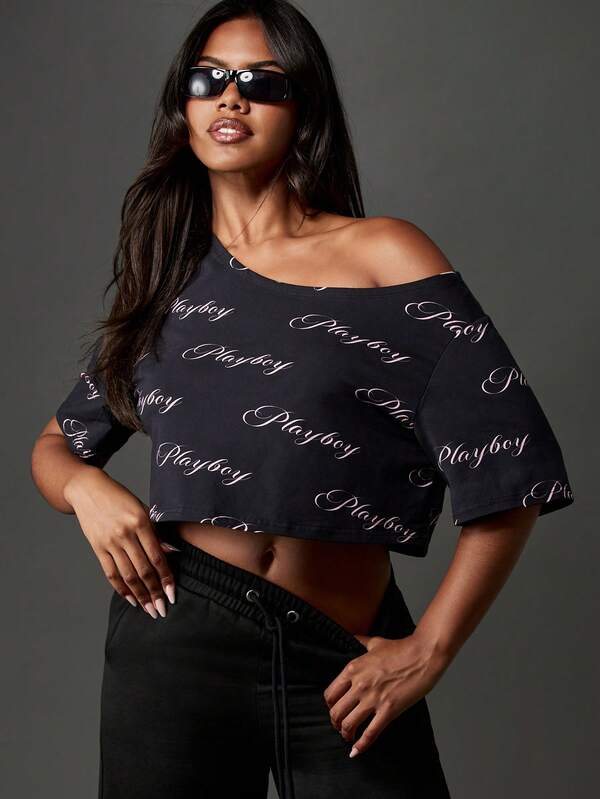 Missguided x Playboy Off Shoulder Script Print Crop Top With Short Sleeves