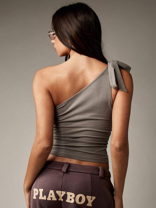 Missguided X Playboy One Shoulder Asymmetrical Crop Tie Shoulder Rhinestone Embellished Tank Top