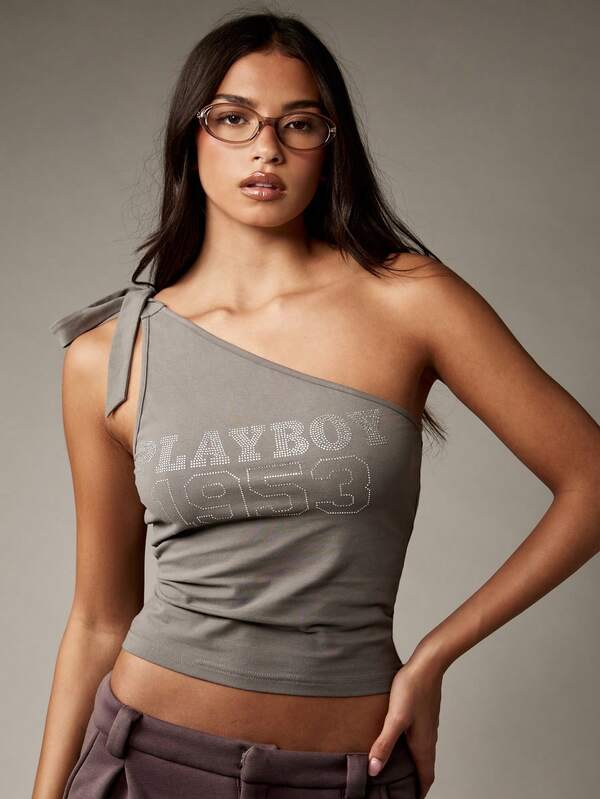 Missguided X Playboy One Shoulder Asymmetrical Crop Tie Shoulder Rhinestone Embellished Tank Top