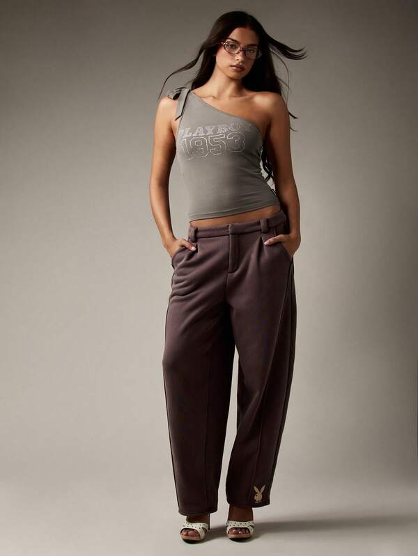 Missguided X Playboy One Shoulder Asymmetrical Crop Tie Shoulder Rhinestone Embellished Tank Top