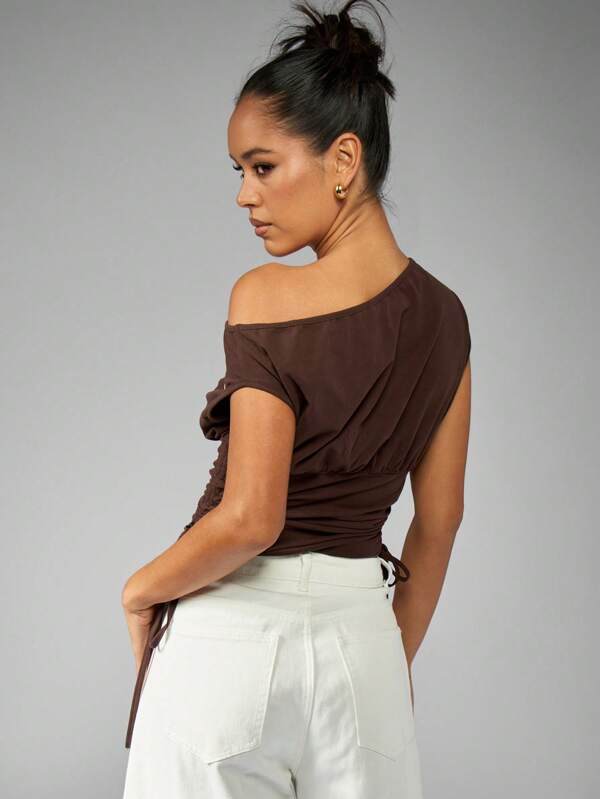 Missguided X Playboy One Shoulder Rouched Side Fitted Gathered Varsity Top
