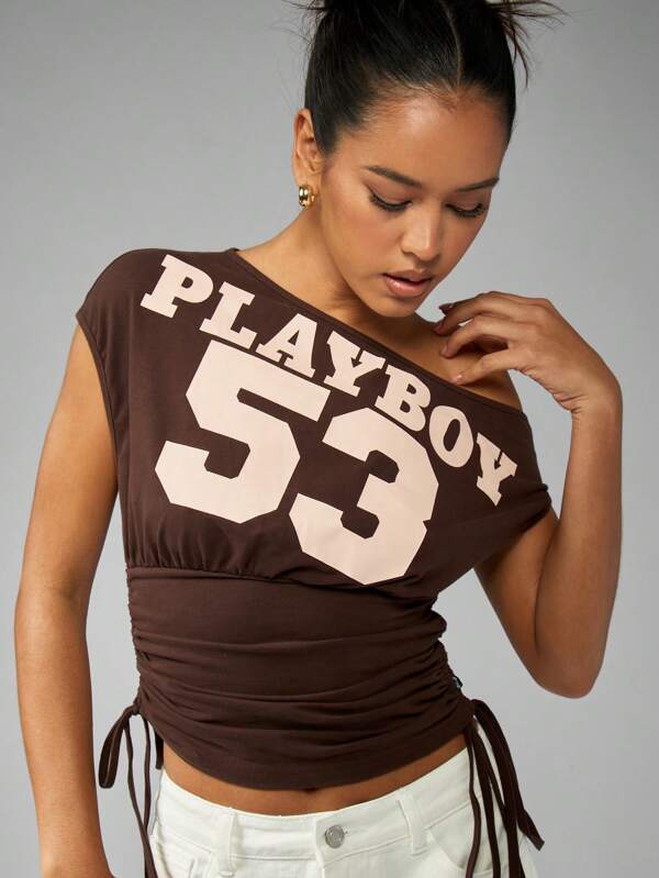 Missguided x Playboy One Shoulder Rouched Side Fitted Gathered Varsity Top