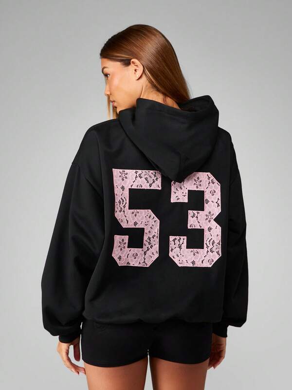 Missguided X Playboy Oversized Black Hoodie With Lace Pattern Design