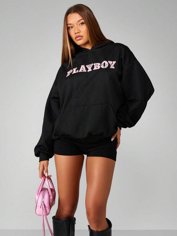 Missguided X Playboy Oversized Black Hoodie With Lace Pattern Design