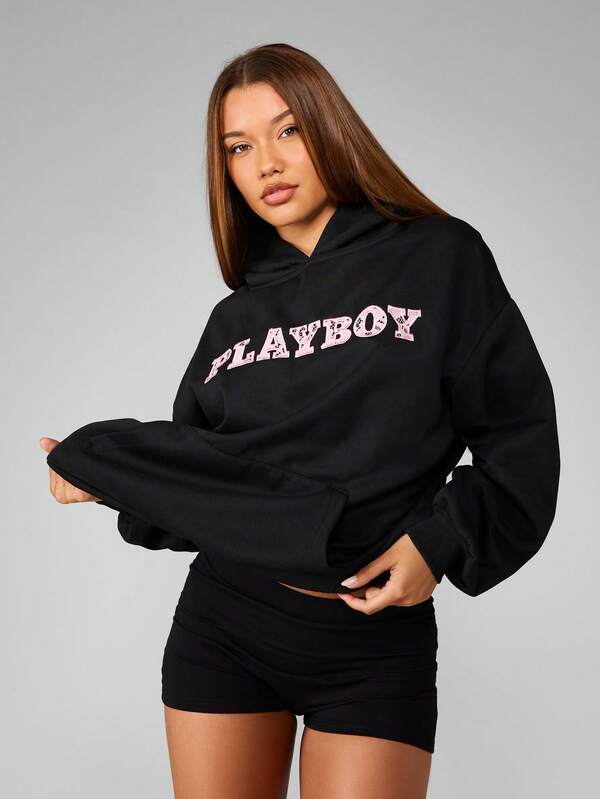 Missguided X Playboy Oversized Black Hoodie With Lace Pattern Design