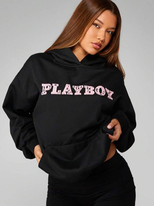 Missguided X Playboy Oversized Black Hoodie With Lace Pattern Design