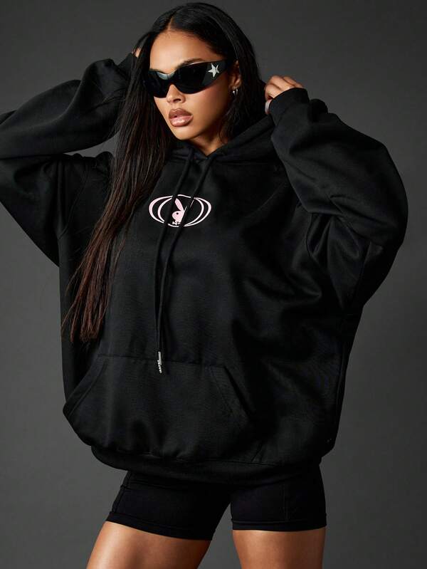 Missguided X Playboy Oversized Black Hoodie With Racing Helmet Graphic Print