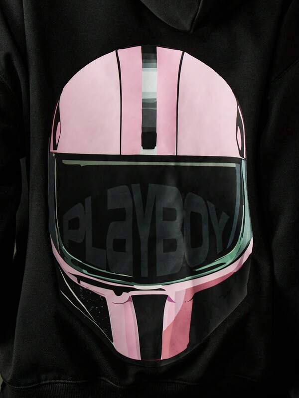 Missguided X Playboy Oversized Black Hoodie With Racing Helmet Graphic Print
