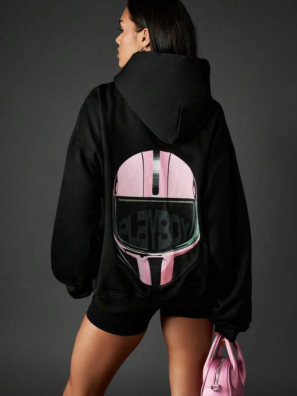 Missguided x Playboy Oversized Black Hoodie With Racing Helmet Graphic Print