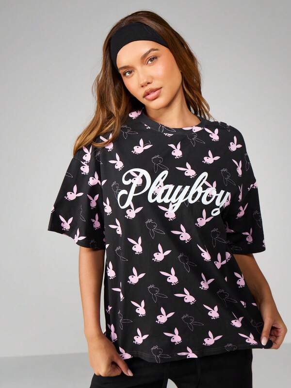 Missguided x Playboy Oversized Bunny Print Crew Neck Tee