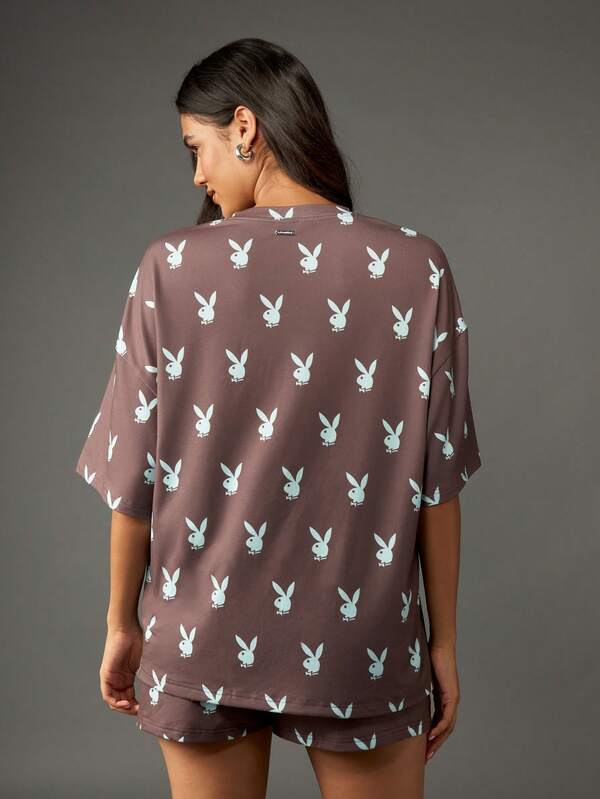 Missguided X Playboy Oversized Bunny Print T-Shirt With Short Sleeves
