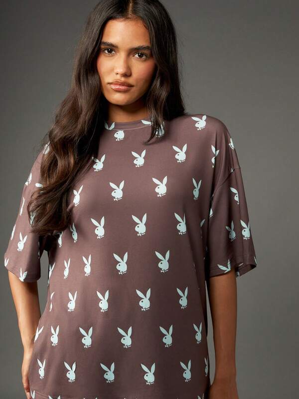 Missguided X Playboy Oversized Bunny Print T-Shirt With Short Sleeves