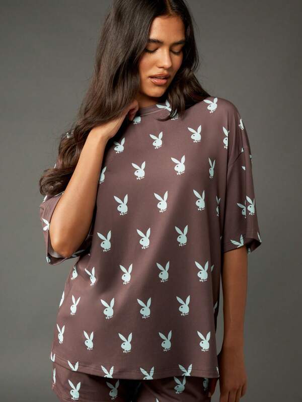 Missguided x Playboy Oversized Bunny Print T-Shirt With Short Sleeves