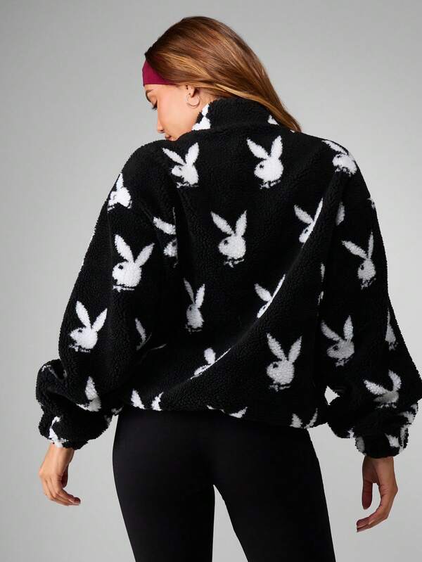 Missguided X Playboy Oversized Bunny Print Zip Up Coat