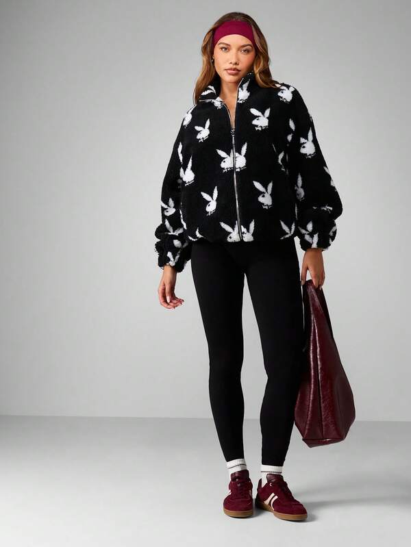 Missguided X Playboy Oversized Bunny Print Zip Up Coat