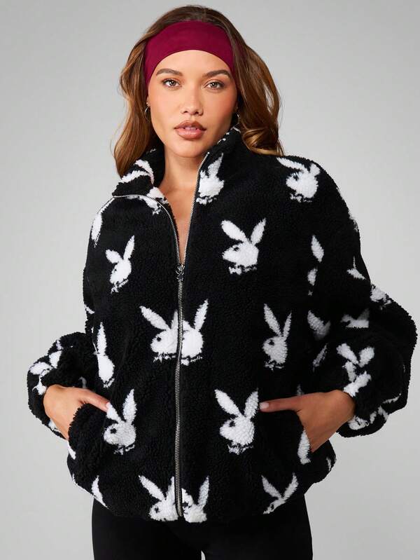 Missguided X Playboy Oversized Bunny Print Zip Up Coat