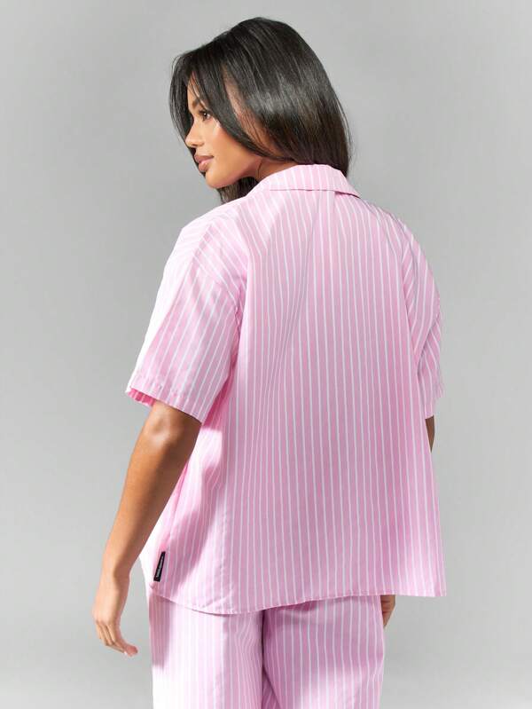 Missguided X Playboy Oversized Bunny Striped Button Down Blouse