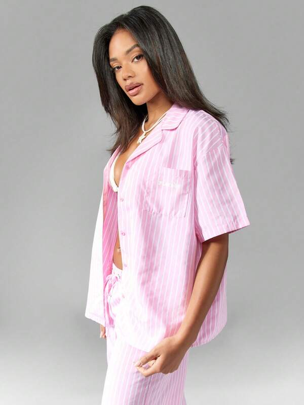 Missguided X Playboy Oversized Bunny Striped Button Down Blouse