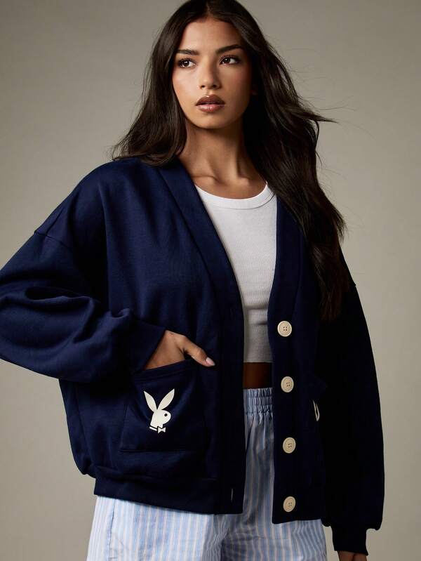 Missguided X Playboy Oversized Button Front Cardigan With Chest Logo