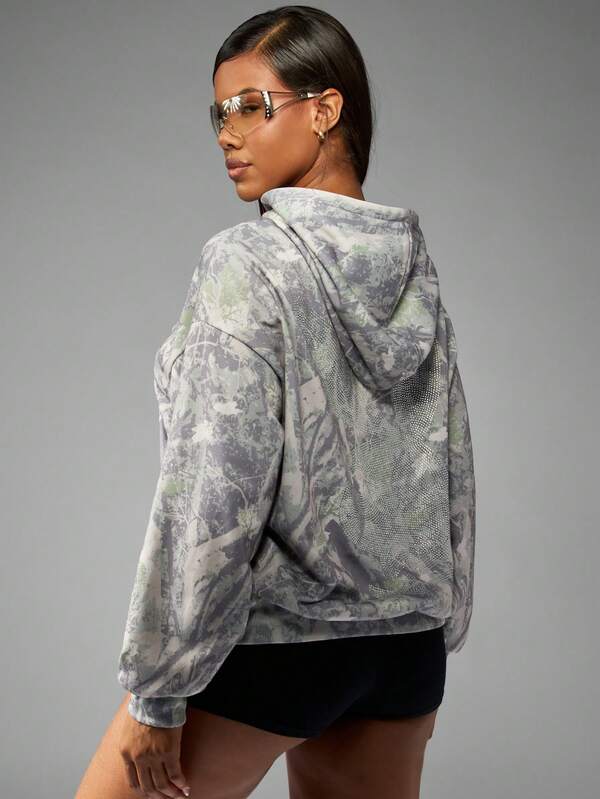 Missguided X Playboy Oversized Camo Print Hoodie With Rhinestone Logo