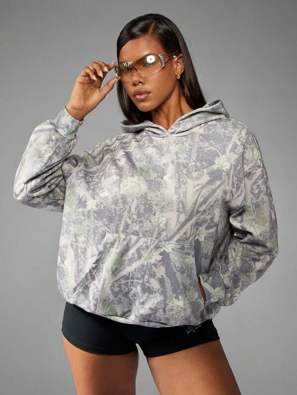 Missguided x Playboy Oversized Camo Print Hoodie With Rhinestone Logo