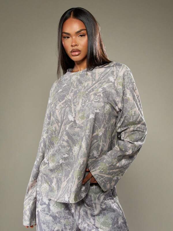 Missguided X Playboy Oversized Camo Print Long Sleeve T-Shirt