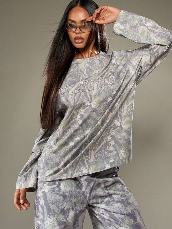 Missguided x Playboy Oversized Camo Print Long Sleeve T-Shirt