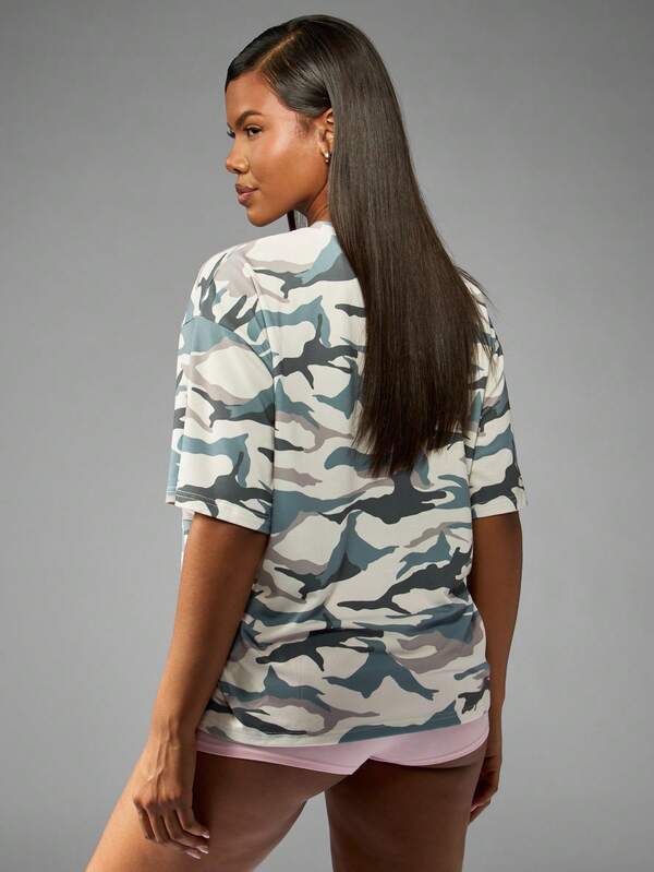 Missguided X Playboy Oversized Camo Print T-Shirt With Round Neck