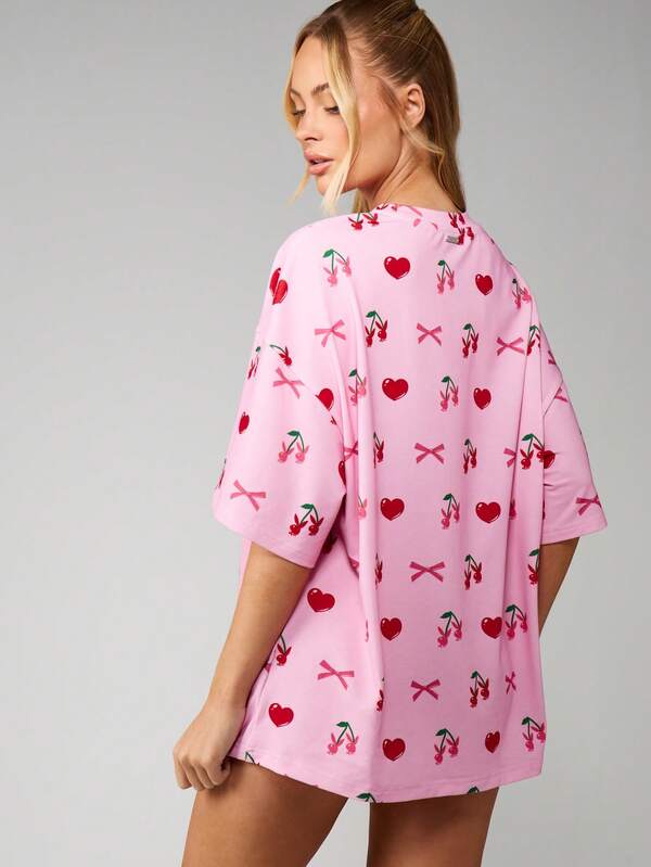 Missguided X Playboy Oversized Cherry Print Sleep Shirt With Bows