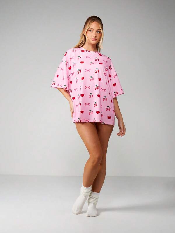 Missguided X Playboy Oversized Cherry Print Sleep Shirt With Bows