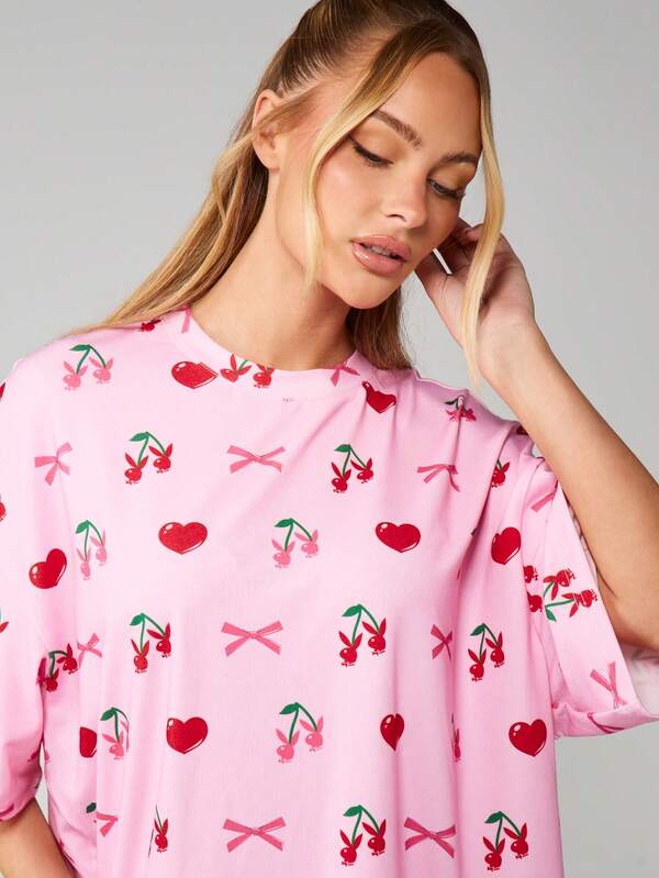 Missguided X Playboy Oversized Cherry Print Sleep Shirt With Bows
