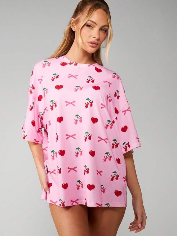 Missguided x Playboy Oversized Cherry Print Sleep Shirt With Bows