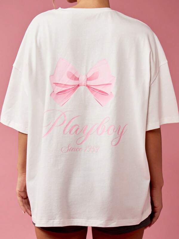 Missguided x Playboy Oversized Classic T-Shirt With Bow Print