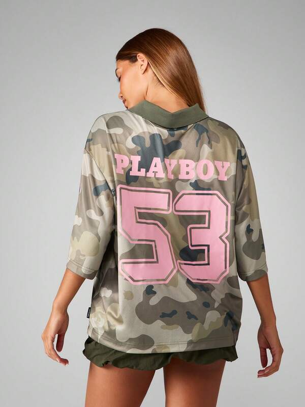 Missguided X Playboy Oversized Collared T-Shirt With Camo Print And Logo
