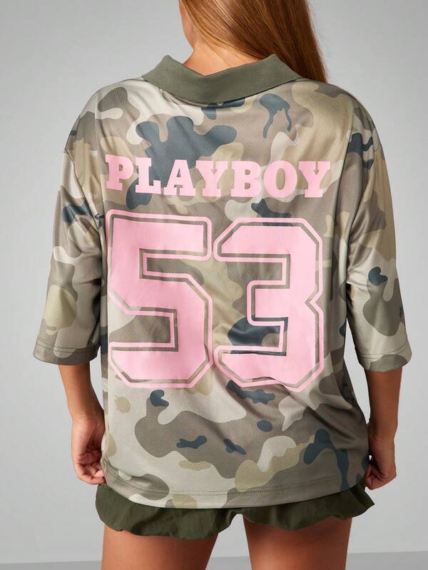 Missguided X Playboy Oversized Collared T-Shirt With Camo Print And Logo