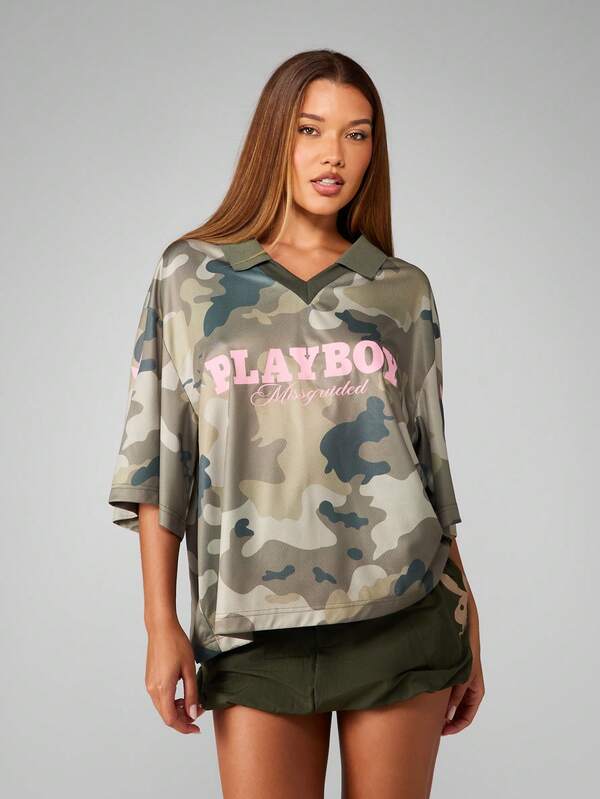 Missguided x Playboy Oversized Collared T-Shirt With Camo Print And Logo