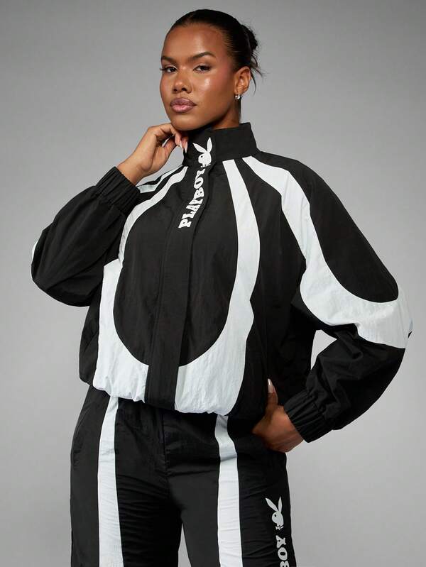 Missguided x Playboy Oversized Color Block Windbreaker With High Neck And Zip