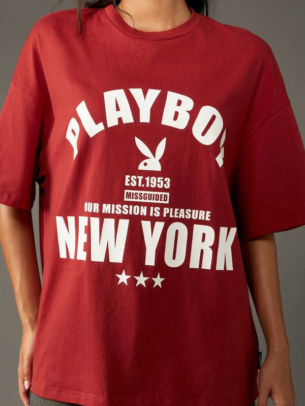 Missguided X Playboy Oversized Cotton Graphic Tee With Statement Print