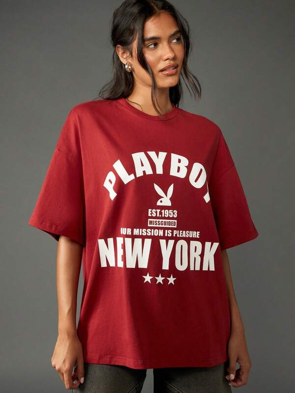 Missguided x Playboy Oversized Cotton Graphic Tee With Statement Print